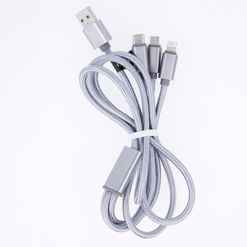 Levně USB datový kabel - microUSB / USB-C / iPhone Lightning 2A 3v1 Fast charge nylon stříbrný