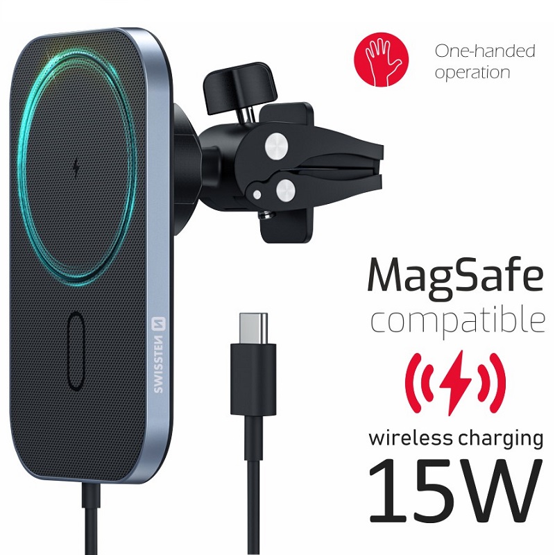Swissten MagSafe magnetický držák do auta s nabíječkou, na výdech, 15W Swissten MagSafe magnetický držák do auta s nabíječkou, na výdech, 15W
