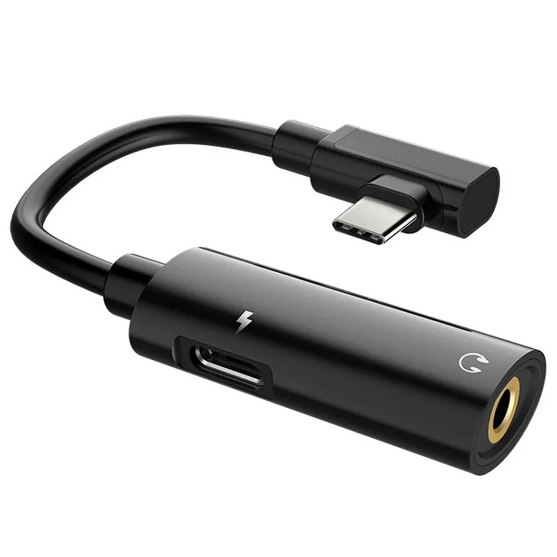 Levně Redukce USB-C na 3,5 Jack pro připojení sluchátek + nabíjení kolmá HOCO LS19 černá