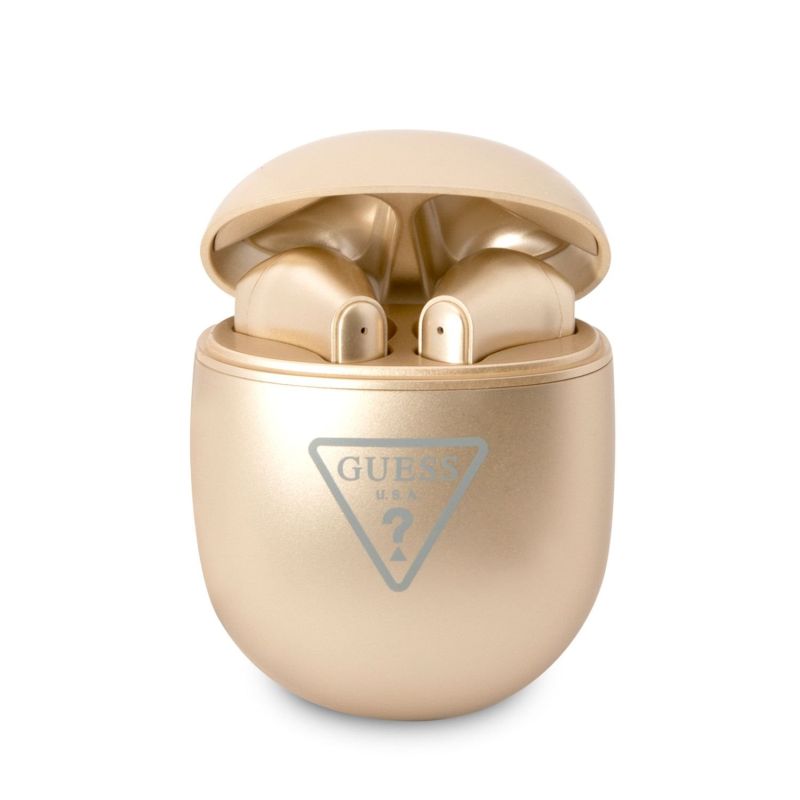 Sluchátka Bluetooth TWS Guess True Triangle Logo BT 5.2 4H GUTWST82TRD + dobíjecí pouzdro zlatá
