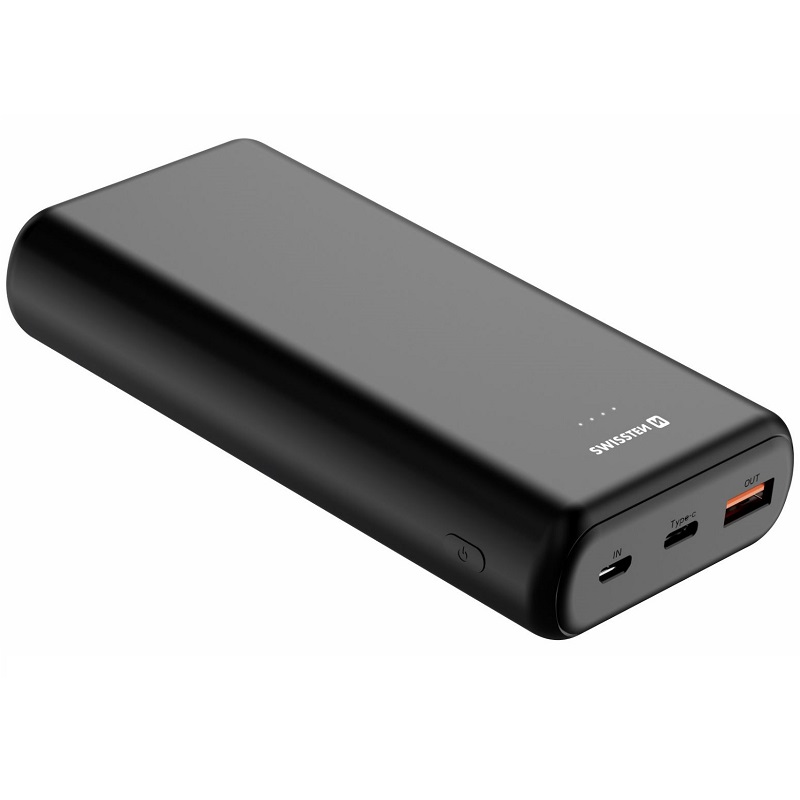 Levně Zdroj záložní PowerBank 20000mAh SWISSTEN Line 20W QC 3.0 Li-pol, USB, USB-C, microUSB černý