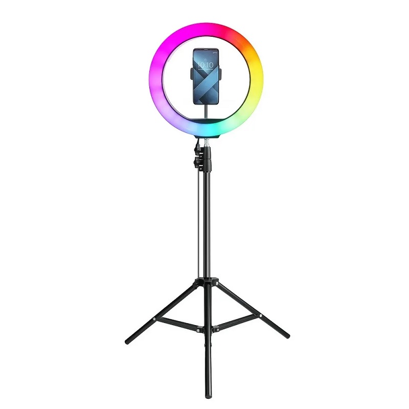 Levně Držák Selfie LED RGB+W Full Color kruhové světlo 12" + Tripod stativ teleskopický černý
