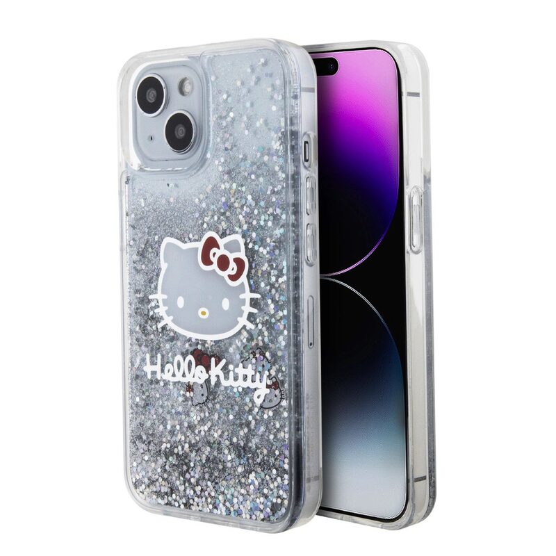 Levně Pouzdro Hello Kitty Liquid Glitter Electroplating Head Logo pro Apple iPhone 15 Transparent