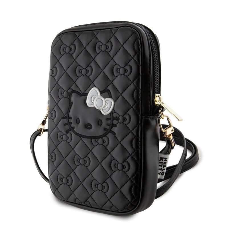 Pouzdro Hello Kitty PU Leather Quilted Pattern Kitty Head Logo Phone Bag Black