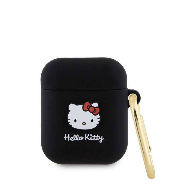 Pouzdro Hello Kitty Liquid Silicone 3D Kitty Head Logo pro Apple AirPods 1/2 Black