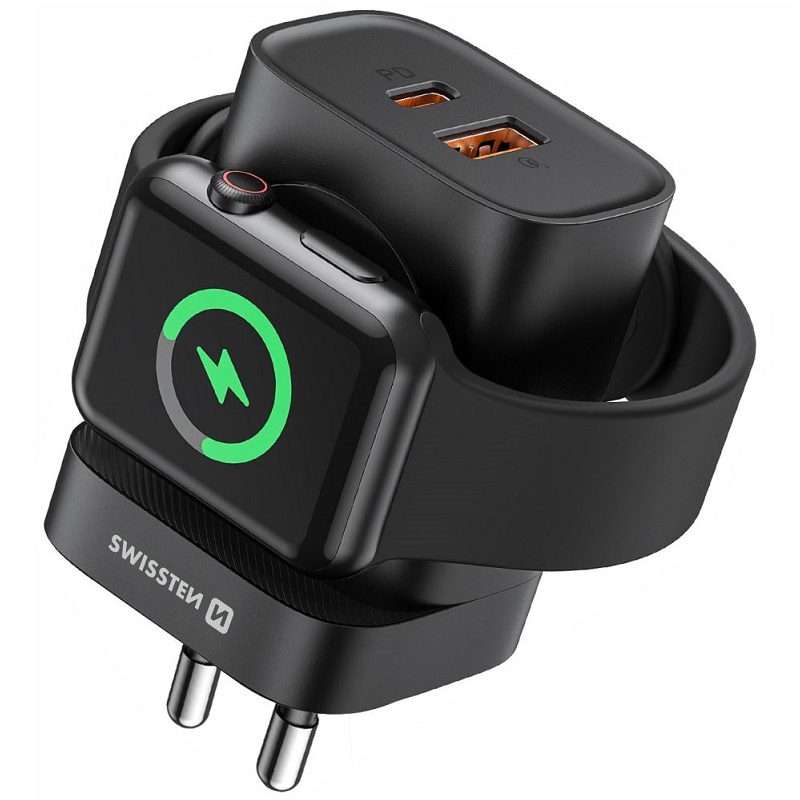 Nabíječka SWISSTEN iPhone USB-C 20W, USB-A + Apple Watch wireless POWER DELIVERY černá