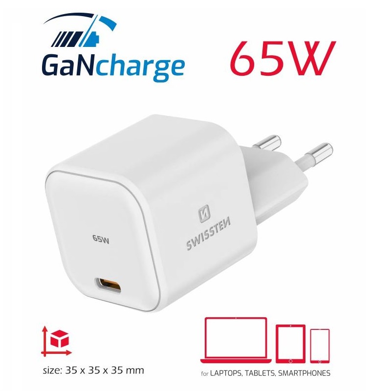 Levně Nabíječka SWISSTEN Mini GaN USB-C 65W POWER DELIVERY Macbook, Laptop bílá