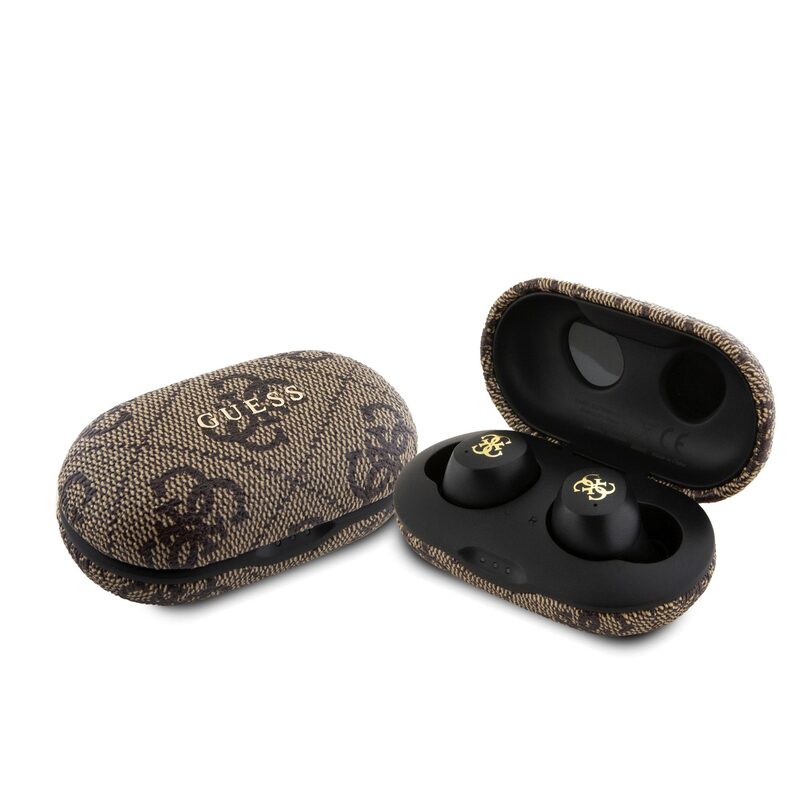 Sluchátka Bluetooth Guess True Wireless 4G PU Metal Logo BT5.3 Stereo Earphones Brown