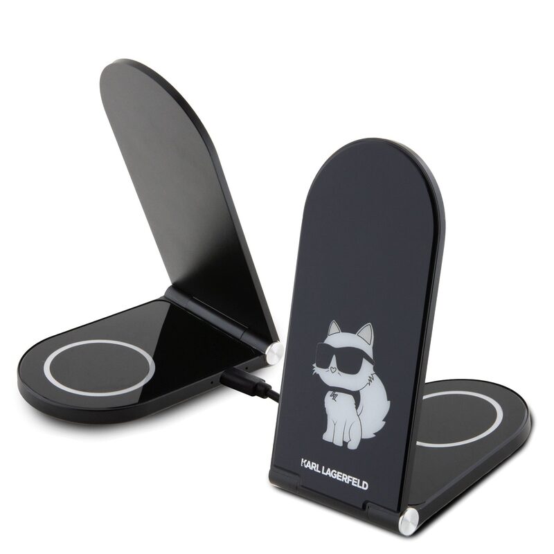 Levně Nabíječka Karl Lagerfeld Aluminium stolní bezdrátová magnetická 2v1 Choupette NFT Black