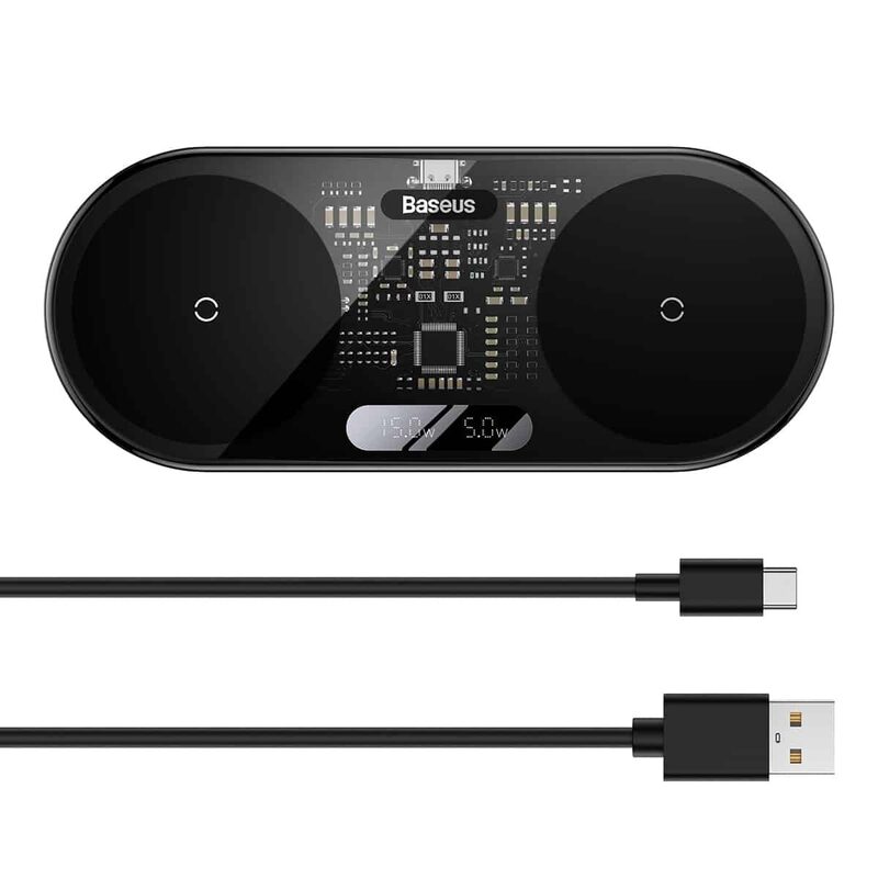 Nabíječka Baseus 2v1 LED display bezdrátová 20W (s USB-C kabelem 1m) černá