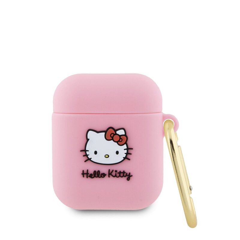 Levně Pouzdro Hello Kitty Liquid Silicone 3D Kitty Head Logo pro Apple AirPods 1/2 Pink