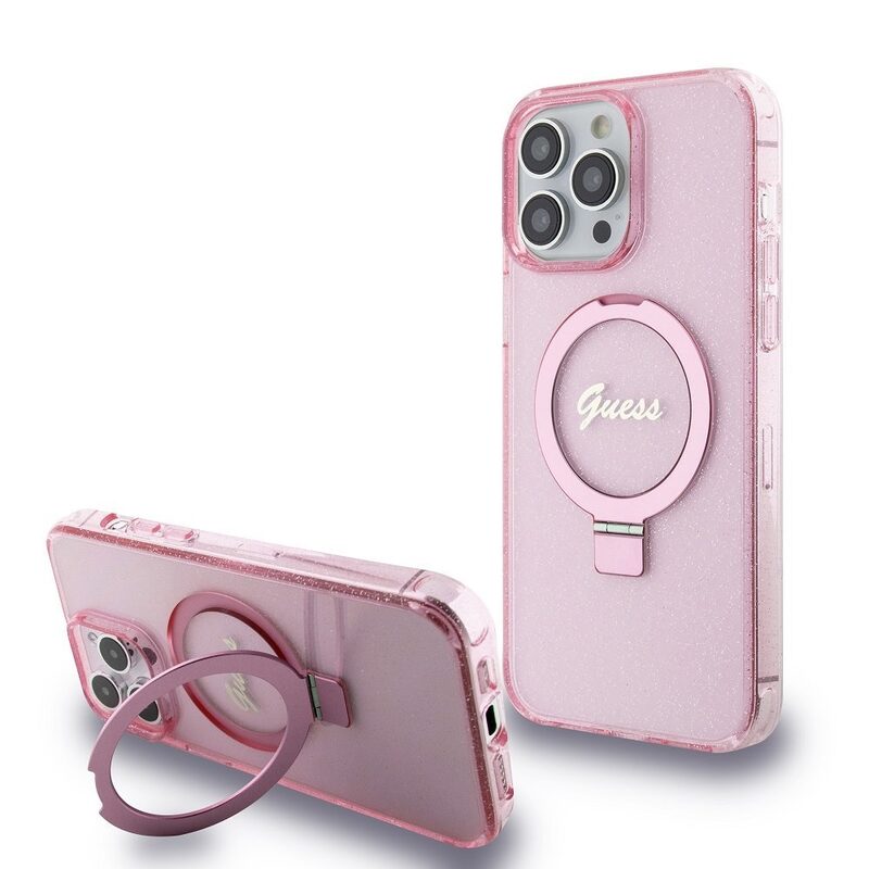 Pouzdro Guess IML Ring Stand Glitter MagSafe Apple iPhone 15 PRO Pink