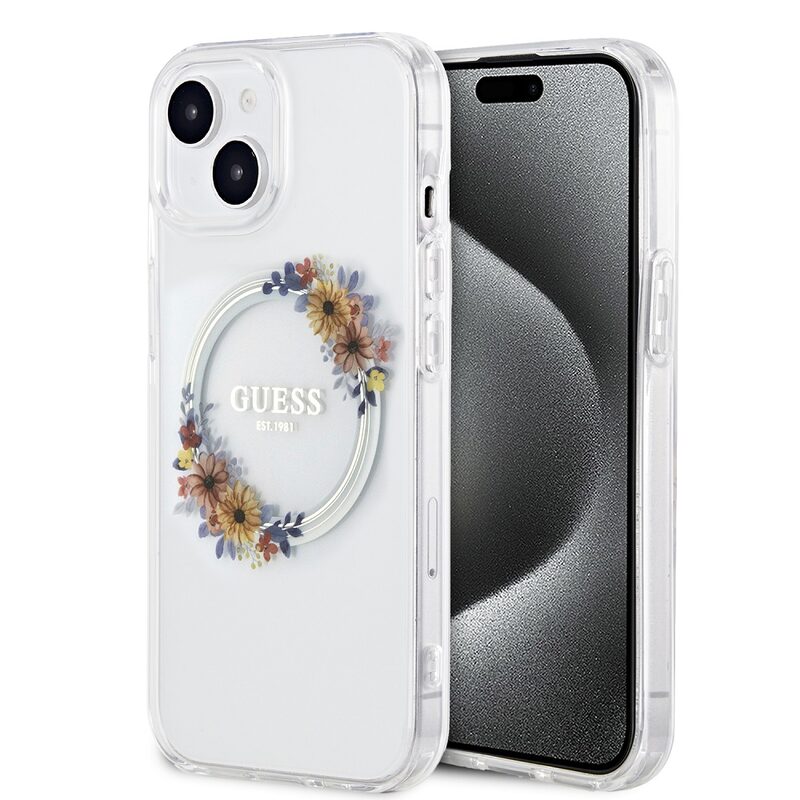 Pouzdro Guess PC/TPU Flowers Ring Glossy Logo MagSafe Apple iPhone 15 PLUS Transparent