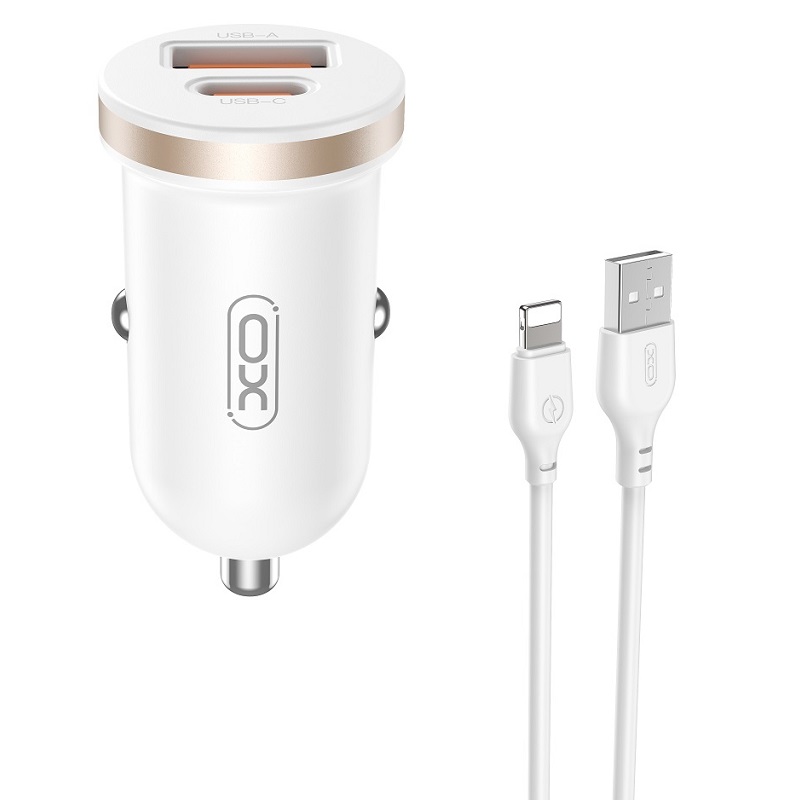 Levně CL autonabíječka XO CC56 PD3.0 + QC3.0 1xUSB 20W, 1xUSB-C 30W + kabel USB to Lightning iPhone bílá