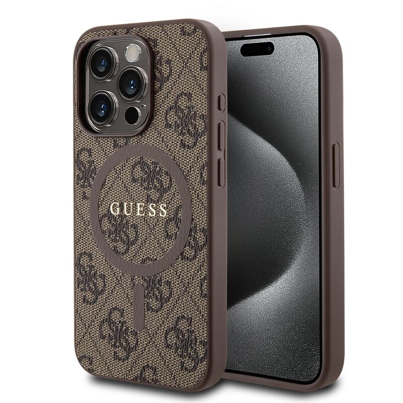 Levně Pozdro Guess PU Leather 4G Colored Ring MagSafe zadní kryt Apple iPhone 15 PRO MAX Brown