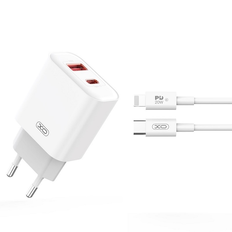 Nabíječka XO CE12 USB-C + USB-A PD 20W QC 3.0 + Lightning kabel pro iPhone 12,13,14 PRO MAX bílá