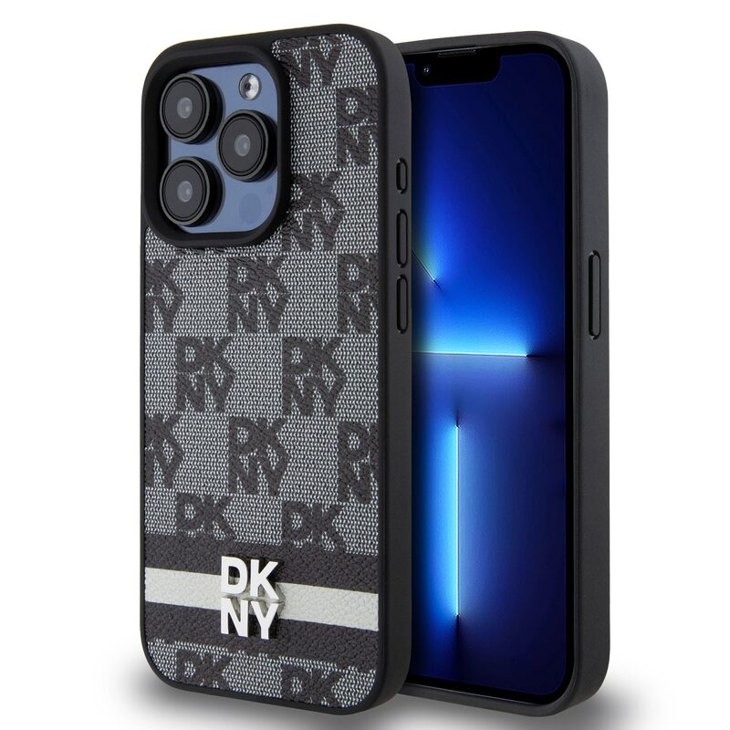 Pouzdro DKNY PU Leather Checkered Pattern and Stripe Apple iPhone 14 PRO Black