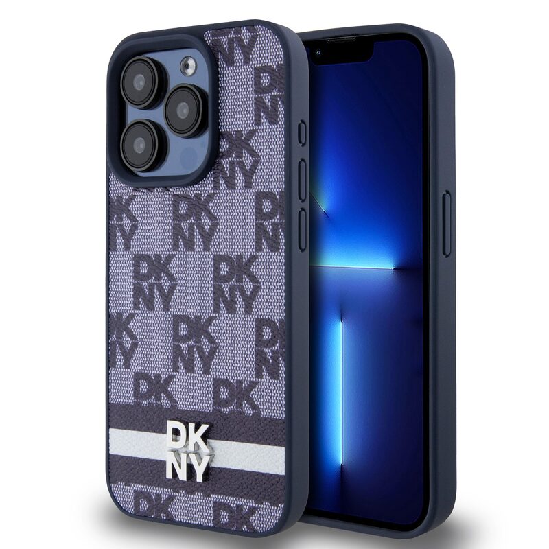 Pouzdro DKNY PU Leather Checkered Pattern and Stripe Apple iPhone 15 PRO Blue