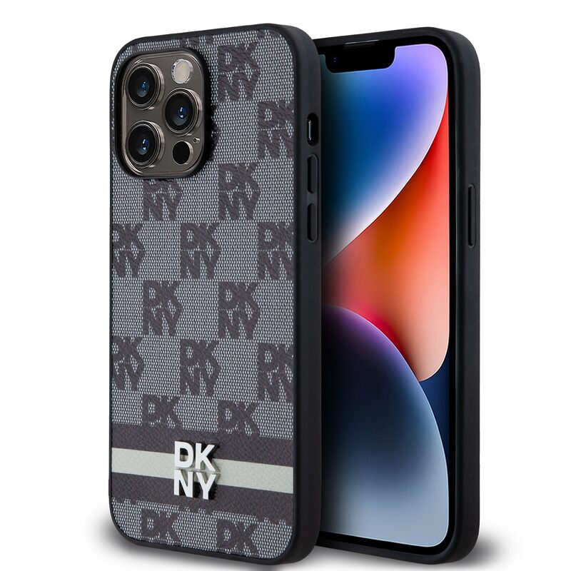 Pouzdro DKNY PU Leather Checkered Pattern and Stripe Apple iPhone 15 PRO MAX Black